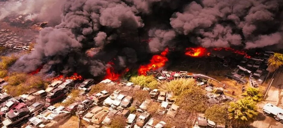 Incendio consume deshuesadero con autos confiscados en Ensenada